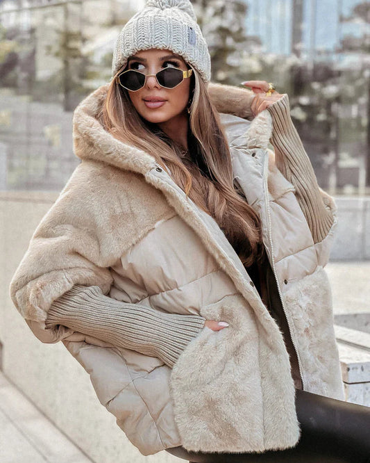 Luksusowy damski płaszcz z kapturem z futra syntetycznego i ciepłą izolacją