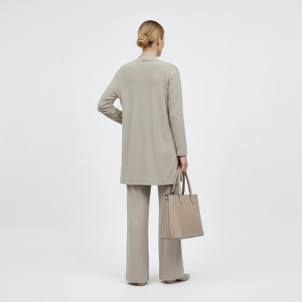 Elegancki, codzienny damski komplet dwuczęściowy z otwartym kardiganem