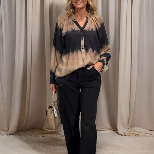 Ariana - Bluzka Vintage Z Dekoltem W Serek, Guzikami I Wzorem W Blokach Kolorów