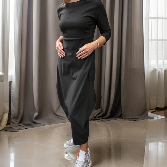 Amara - Elegancka Długa Sukienka A-liniowa Z Długim Rękawem I Kieszenią