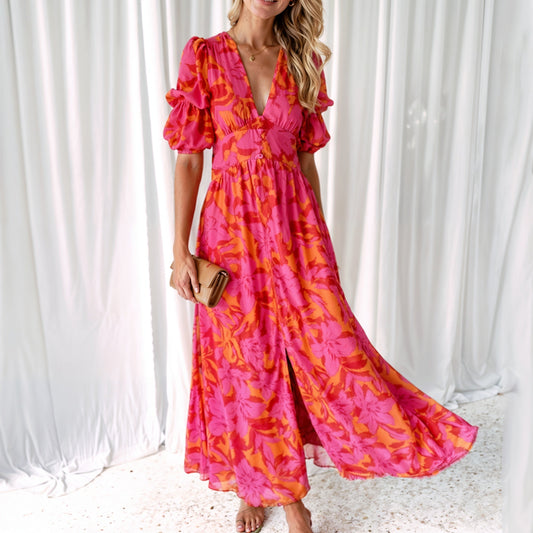 Alexa – Elegancka Czerwona Sukienka Maxi Z Bufiastymi Rękawami